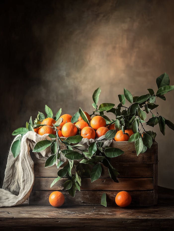 A vintage-style arrangement of fresh oranges in a wooden crate, exuding a retro feel.
